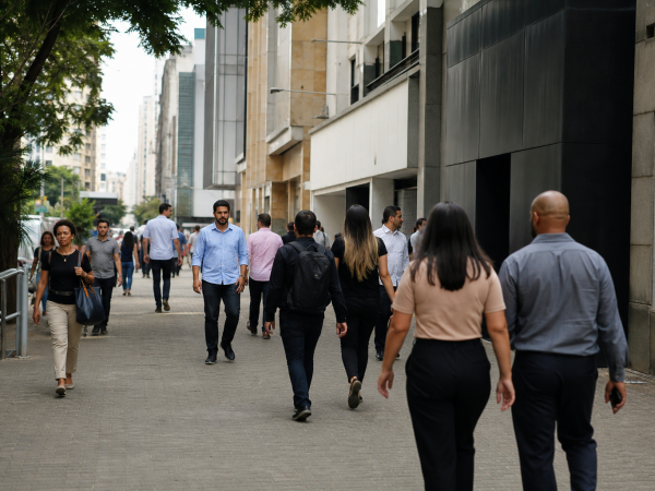 Trabalhadores circulando em área comercial de Santo André, no Grande ABC Paulista
